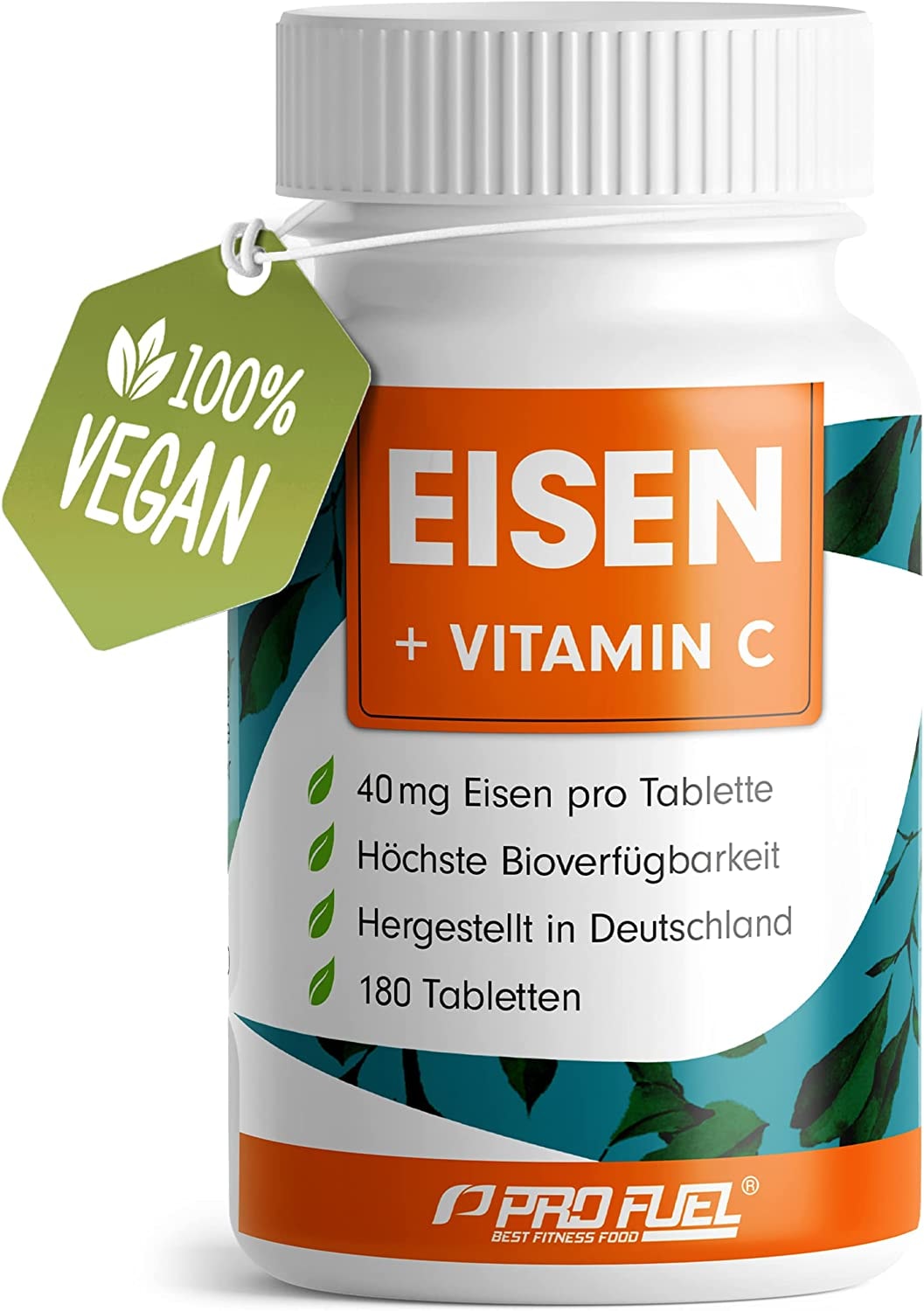 Produktbild von ProFuel - Eisentabletten hochdosiert 180x mit 40 mg Eisen + Vitamin C (40mg) aus Hagebutten - Eisen Tabletten VEGAN mit bioverfügbarem Eisen, hochdosiert aus Eisen-Bisglycinat - ohne unerwünschte Zusatzstoffe
