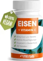 Produktbild von ProFuel - Eisentabletten hochdosiert 180x mit 40 mg Eisen + Vitamin C (40mg) aus Hagebutten - Eisen Tabletten VEGAN mit bioverfügbarem Eisen, hochdosiert aus Eisen-Bisglycinat - ohne unerwünschte Zusatzstoffe