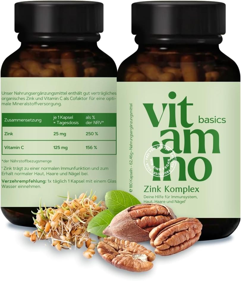 Produktbild von Bewertung Vitamino Basics Zink Komplex Kapseln vegan mit Vitamin C für Immunsystem Haut Haare Nägel vegan glutenfrei laktosefrei 180 Kapseln hochdosiert