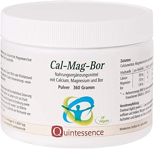 Produktbild von Quintessence  Cal-Mag-Bor, 360 g Pulver, Quintessence Ohne Zusatzstoffe Vegan Reine Pulvermischung aus Calciumcitrat, Magnesiumcitrat und Natriumborat (Borax) Hohe Bioverfügbarkeit Laktose-Frei