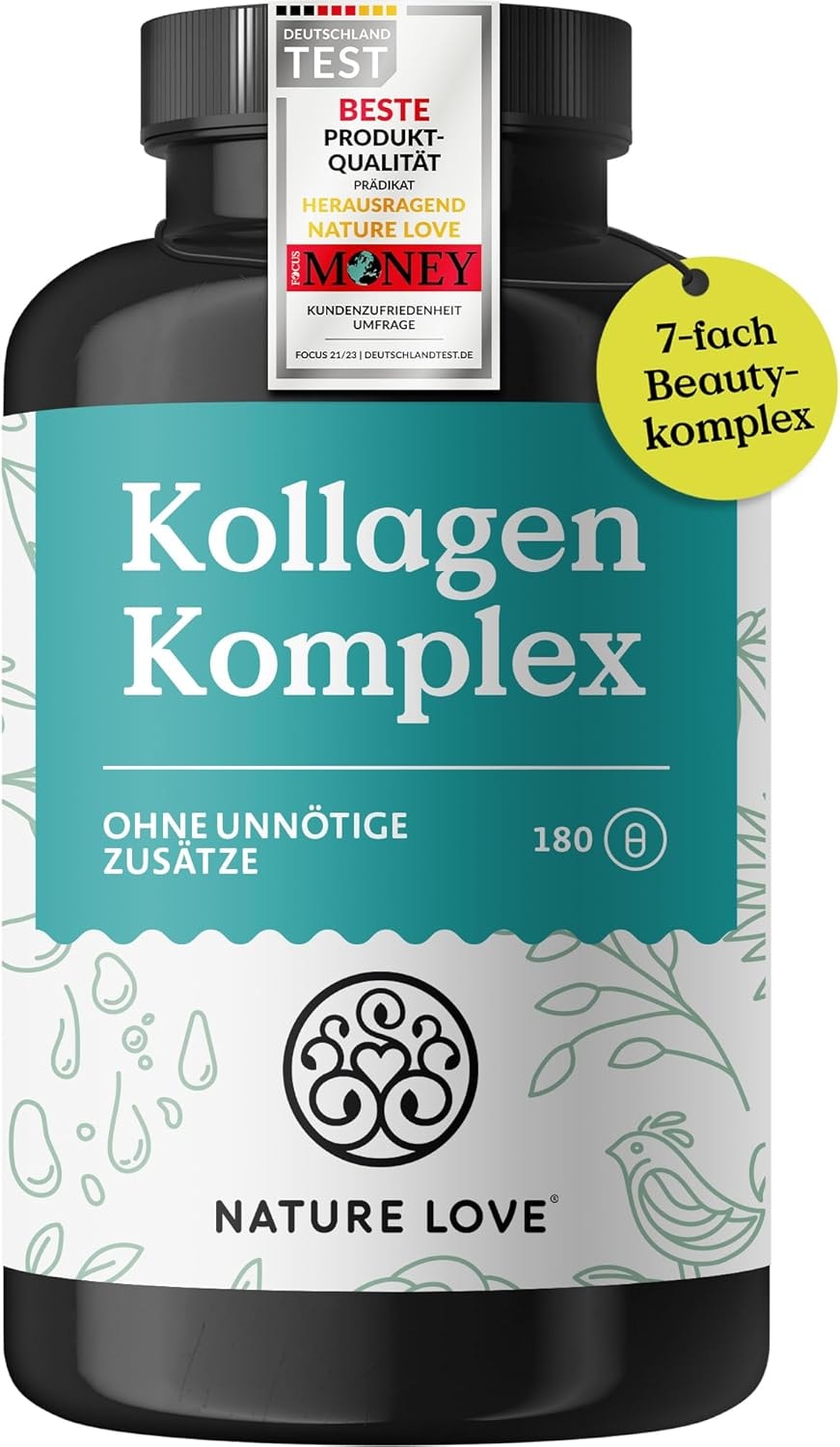 Produktbild von Bewertung NATURE LOVE Kollagen Komplex 180 Kapseln mit Hyaluronsäure, Biotin, Selen, Zink, Vitamin C aus Acerola & Bambusextrakt – Collagen hochdosiert – laborgeprüft und in Deutschland produziert