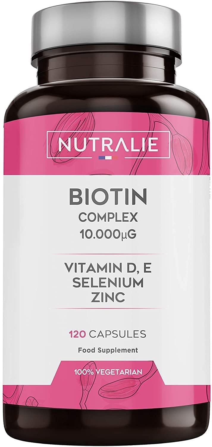 Produktbild von NUTRALIE Vitamin B7 Biotin 10.000 mcg | Hochdosiert mit Selen, Zink und Vitaminen D & E | Unterstützt Wachstum von Haaren, Haut und Nägeln | 120 Kapseln | Premium Qualität | Nutralie