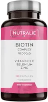 Produktbild von NUTRALIE Vitamin B7 Biotin 10.000 mcg | Hochdosiert mit Selen, Zink und Vitaminen D & E | Unterstützt Wachstum von Haaren, Haut und Nägeln | 120 Kapseln | Premium Qualität | Nutralie