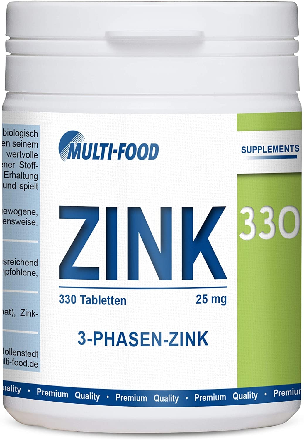 Produktbild von ‎Multi-Food  Zink Tabletten, 330 Stück, 3 Phasen Zink, 25mg | Haut Haare Nägel, Zink hochdosiert mit Zink Bisglycinat (330 Tabletten)