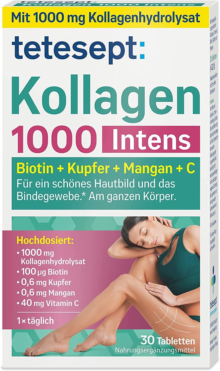 Produktbild von tetesept Kollagen 1000 Intens Nahrungsergänzungsmittel mit Kollagen, Vitamin C, Biotin, Kupfer & Mangan – Für das Bindegewebe und ein schönes Hautbild – 1 x 30 Tabletten