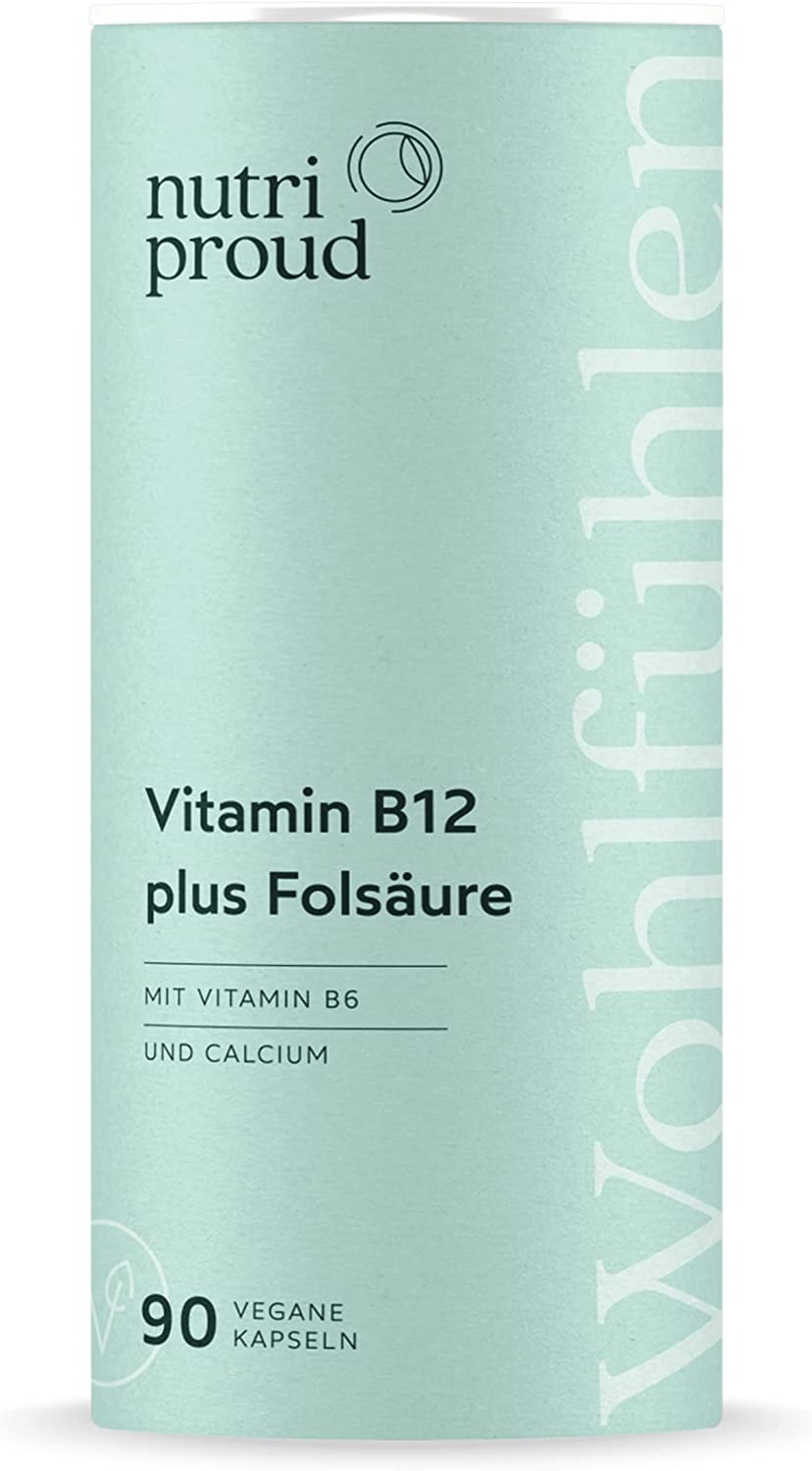Produktbild von nutriproud - Vitamin B12 (Methylcobalamin) hochdosiert + Folsäure + B6, bioaktive Form für neue Energie, 90 vegane Kapseln für 3 Monate, ohne Zusatzstoffe, nachhaltig verpackt, aus Deutschland