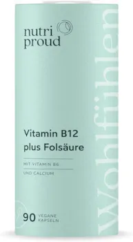 Produktbild von nutriproud - Vitamin B12 (Methylcobalamin) hochdosiert + Folsäure + B6, bioaktive Form für neue Energie, 90 vegane Kapseln für 3 Monate, ohne Zusatzstoffe, nachhaltig verpackt, aus Deutschland
