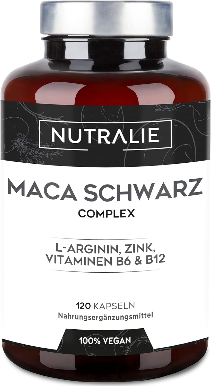 Produktbild von Bewertung NUTRALIE Maca Kapseln Hochdosiert 24000 mg Maca Root Schwarz L-Arginin Zink Vitaminen B6 & B12 Black Maca Pulver 120 Laborgeprüfte Vegan Kapseln Nutralie