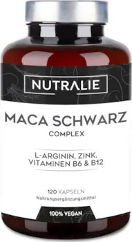 Produktbild von Bewertung NUTRALIE Maca Kapseln Hochdosiert 24000 mg Maca Root Schwarz L-Arginin Zink Vitaminen B6 & B12 Black Maca Pulver 120 Laborgeprüfte Vegan Kapseln Nutralie