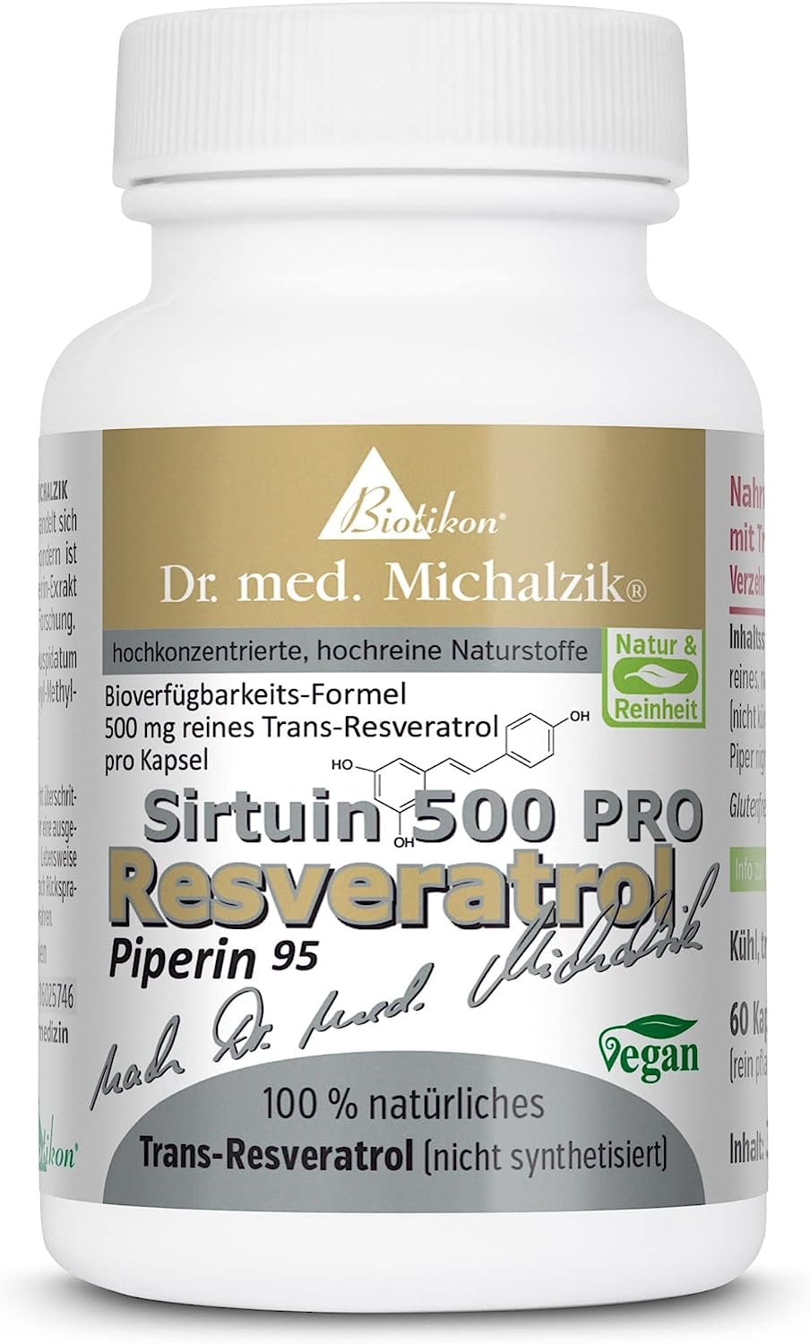 Produktbild von Bewertung Biotikon Resveratrol Sirtuin 500 PRO Dr. med. Michalzik Trans-Resveratrol jap.-Staudenknöterich-Wurzel Extrakt mg Reinheitsgrad 98% Piperin 5 mg ohne Zusatzstoffe von BIOTIKON