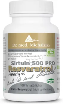 Produktbild von Bewertung Biotikon Resveratrol Sirtuin 500 PRO Dr. med. Michalzik Trans-Resveratrol jap.-Staudenknöterich-Wurzel Extrakt mg Reinheitsgrad 98% Piperin 5 mg ohne Zusatzstoffe von BIOTIKON
