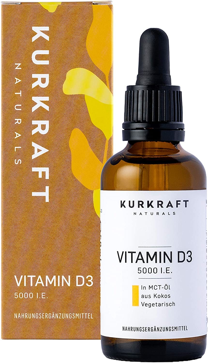 Kurkraft® Vitamin D3-5000 I.E. je Tropfen (50ml) - Hochdosiert - Optimal Bioverfügbar mit MCT-Öl aus Kokos - Einführungspreis - ohne unerwünschte Zusätze - in Deutschland produziert