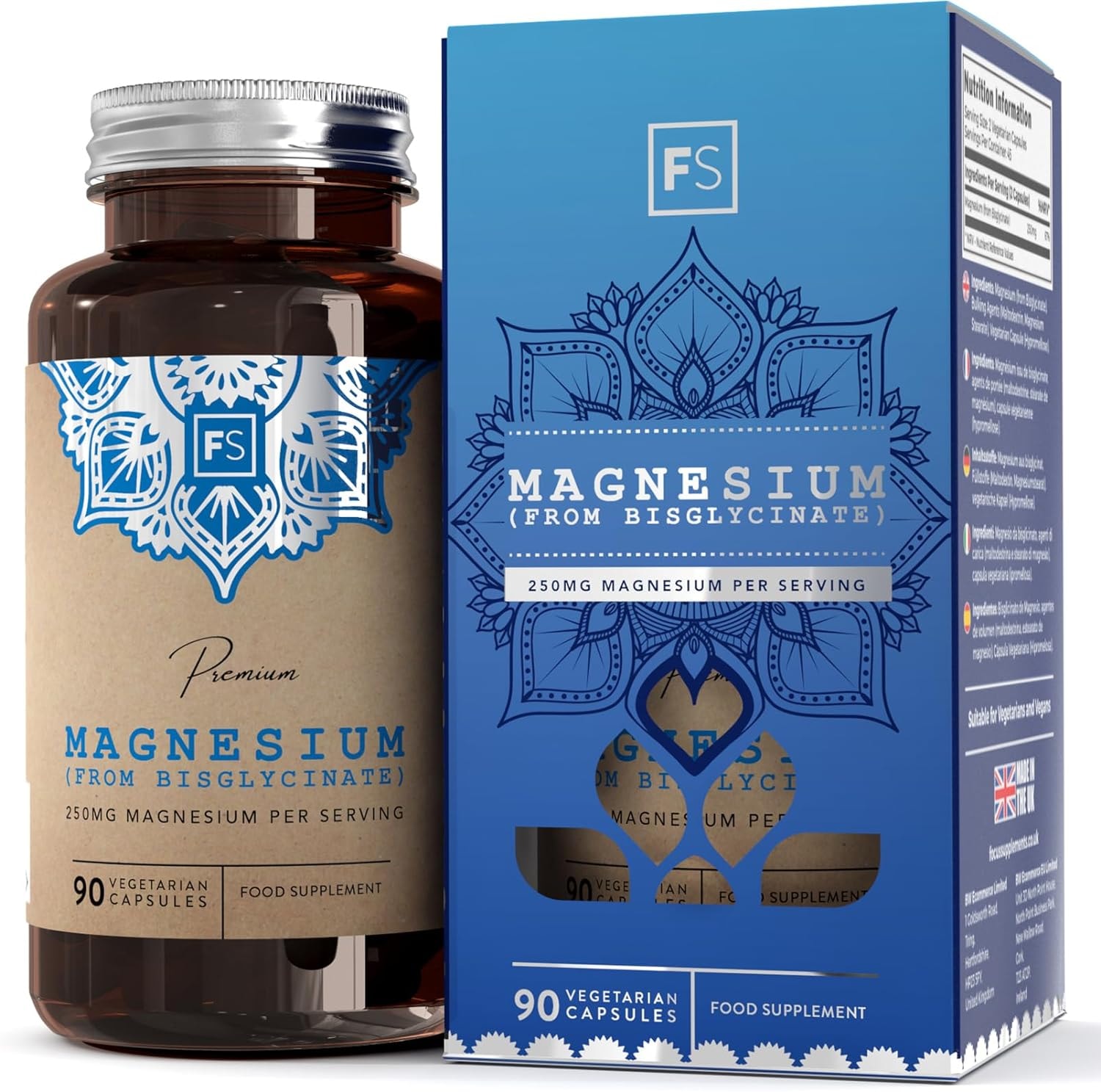 Produktbild von Bewertung Focus FS Magnesium Glycinat 90 Magnesium Bisglycinat Kapseln 1250mg Magnesium Glycinate por Portion Magnesium Hochdosiert Kapseln Gentechnik-, Gluten- & Allergenfrei Hergestellt in GB