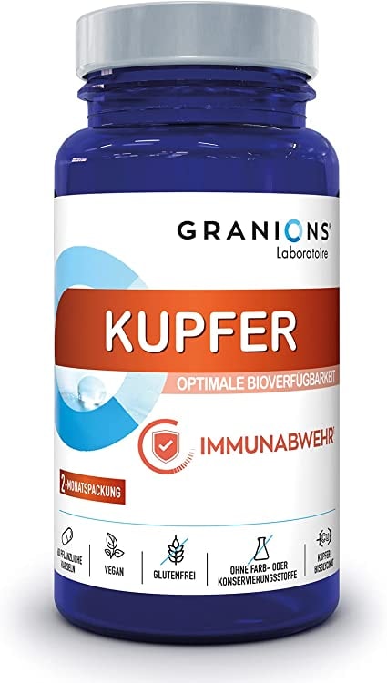 Produktbild von GRANIONS Kupfer bisglycinat 2 mg - 200% der empfohlenen Zufuhr - Optimale Bioverfügbarkeit - IMMUNITÄTSABWEHRUNG - Für Vegetarier geeignet - 60 Kapseln