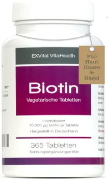 EXVital VitaHealth Biotin, EXVital für Haare, Haut und Fingernägel, hochdosiert, 10.000 µg, 365 Tabletten in deutscher Premiumqualität