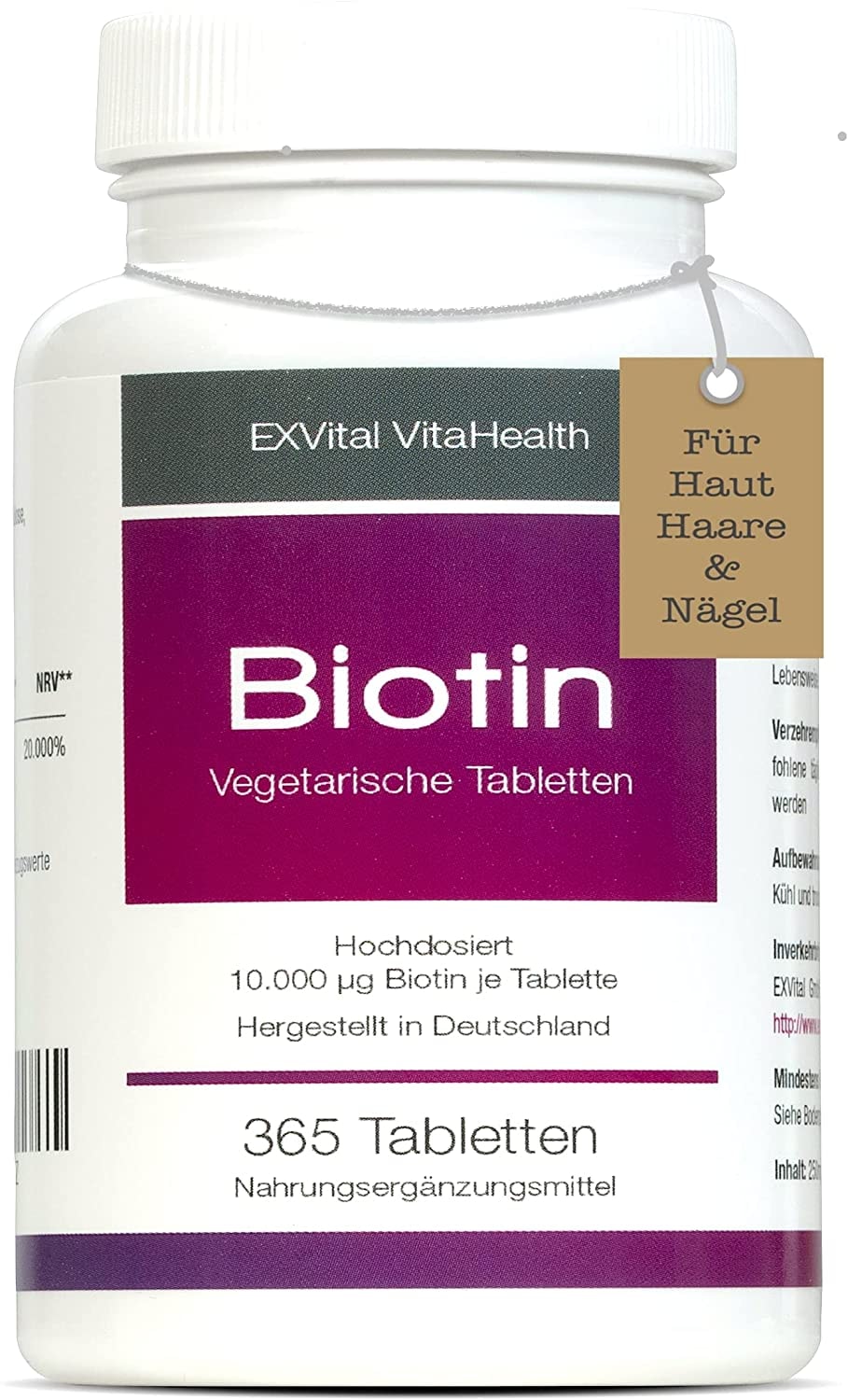 Produktbild von Bewertung EXVital VitaHealth Biotin, EXVital für Haare, Haut und Fingernägel, hochdosiert, 10.000 µg, 365 Tabletten in deutscher Premiumqualität