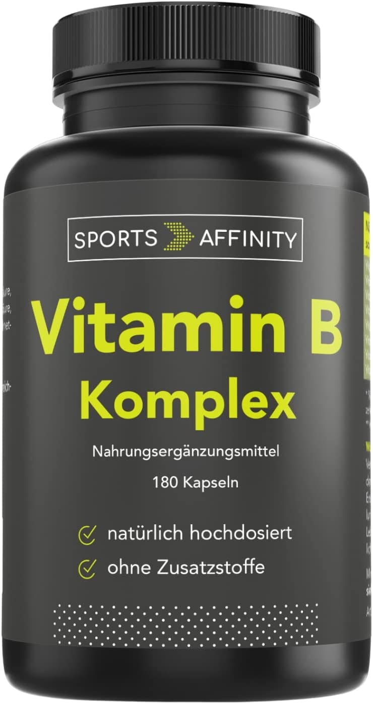 Produktbild von SPORTS AFFINITY - Vitamin B Komplex I 180 hochdosierte Kapseln I Vitamin B1 B2 B3 B5 B6 B7 B9 B12 I Natürlich & ohne Zusatzstoffe I vegan glutenfrei laktosefrei I Premium Qualität