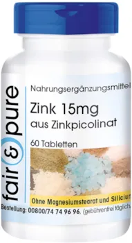 Fair & Pure Zink Kapseln 15mg (Elementargehalt) aus Zinkpicolinat - vegan - ohne Magnesiumstearat - 60 Kapseln - essentielles Spurenelement