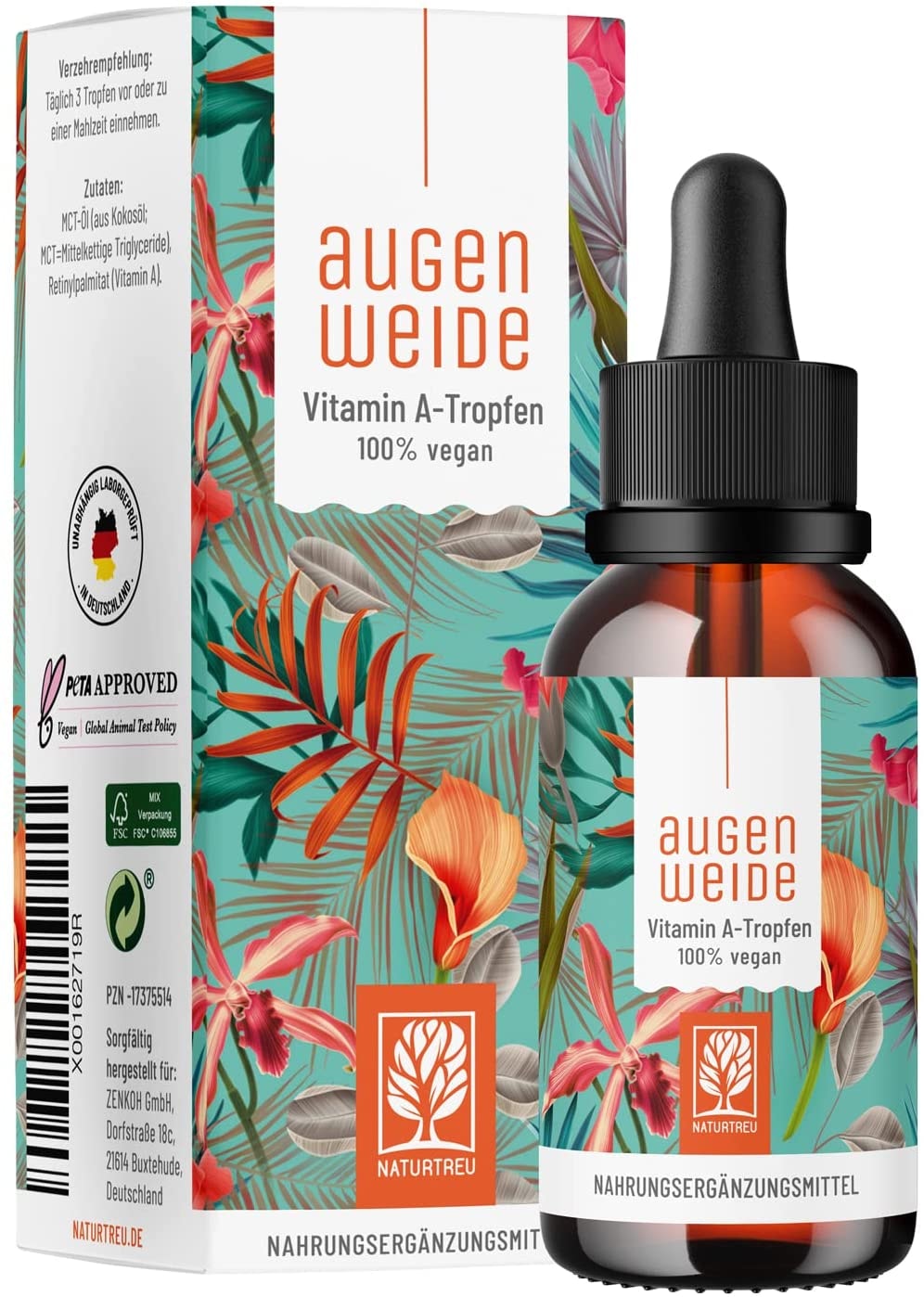 Produktbild von NATURTREU Augenweide Vitamin A Tropfen hochdosiert 5000 I.E (1500 µg) je Tagesdosis Vegan Vitamin A flüssig Retinol Naturtreu Augenweide 1700 Tropfen 50 ml
