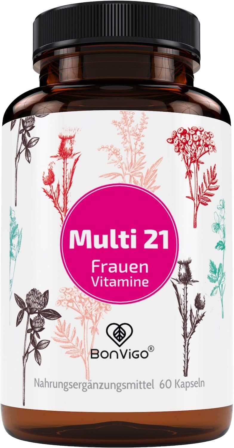 Produktbild von BonVigo Multi 21 Frauen Vitamine - 21 Stoffe mit offiziell bestätigter Wirkung auf 45 Körperfunktionen - Vitamine A-Z u.a. mit Selen für Schilddrüse, Chrom für Blutzucker - Vegane Kapseln jodfrei
