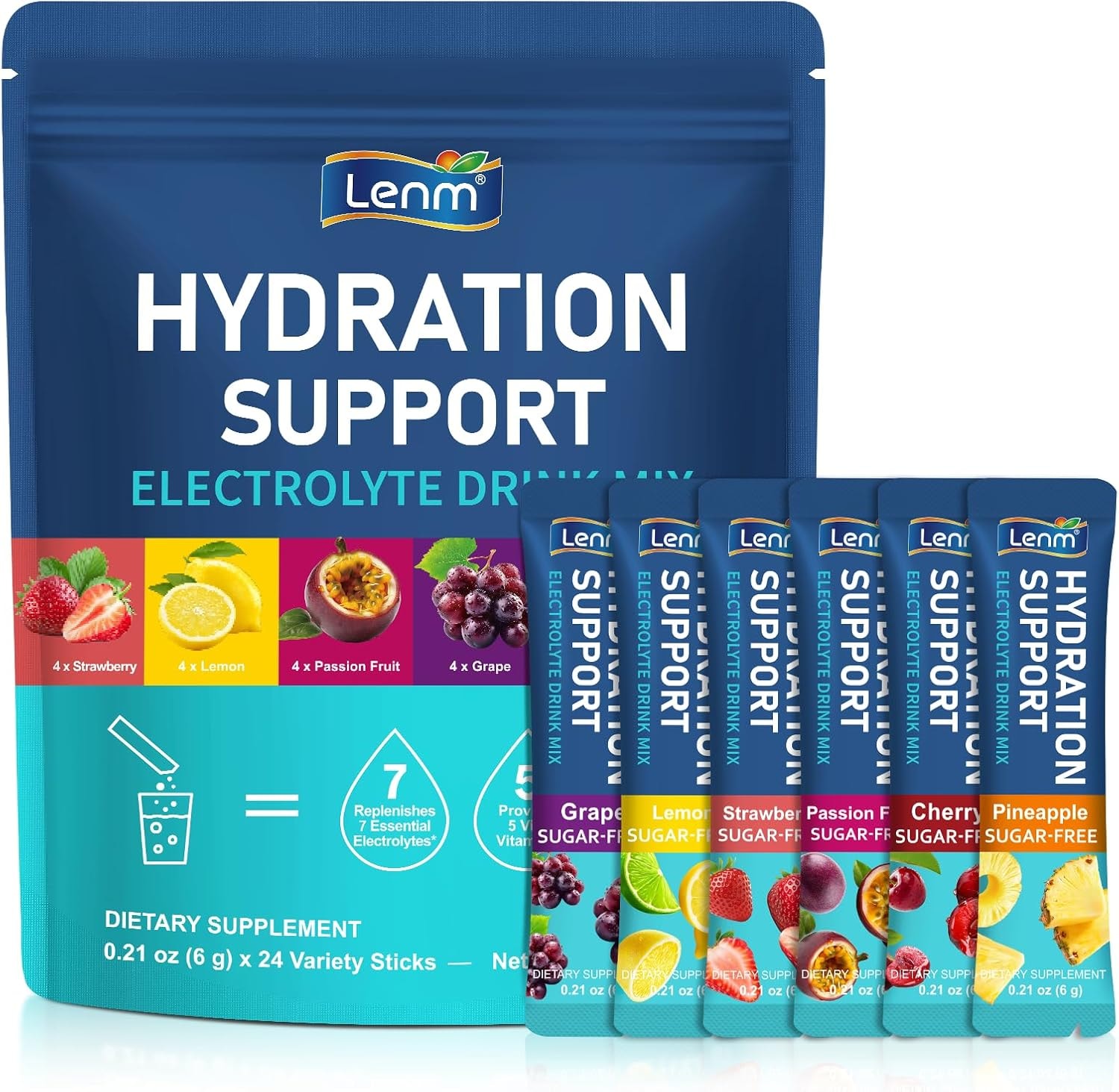 Produktbild von Bewertung Lenm Elektrolyt Pulver 24 Beutel Elektrolytpulver Zuckerfreies Elektrolyt Getränkepulver mit Natrium Kalium Magnesium & Calcium Veganes Hydrationspulver für Sport Reise & Alltag