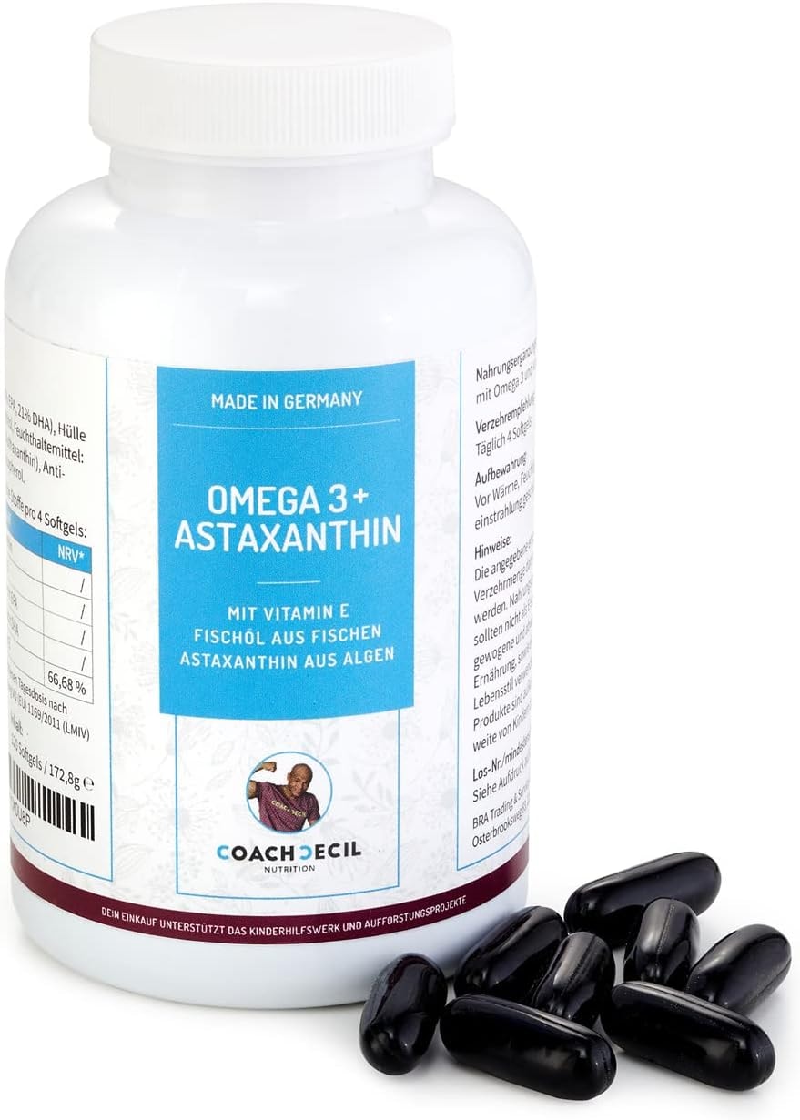 Produktbild von Bewertung Coach Cecil Omega 3 mit Astaxanthin Vitamin E 120 Softgels Hochwertiges Fischöl mit niedrigem TOTOX Wert, 1680mg EPA und 840mg DHA, 8mg des Antioxidans Astaxanthin und 8mg Vitamin E pro Tagesdosis