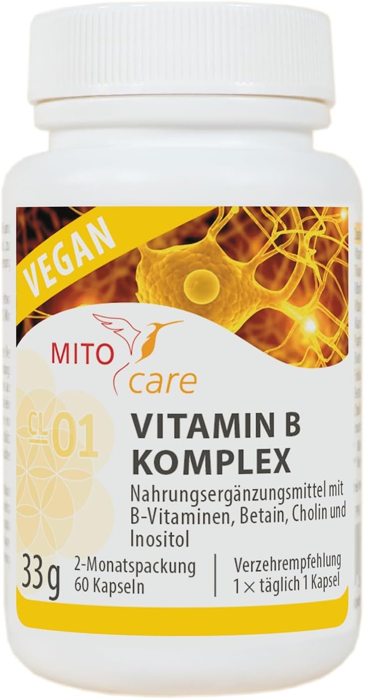 Produktbild von Bewertung MITOcare Vitamin B Komplex Kapseln acht B-Vitamine bioaktiv Inositol Cholin Betain Traubenkern OPC Nervensystem Homocystein-Stoffwechsel Müdigkeit Energie Körperliche Leistung Mentale Leistung