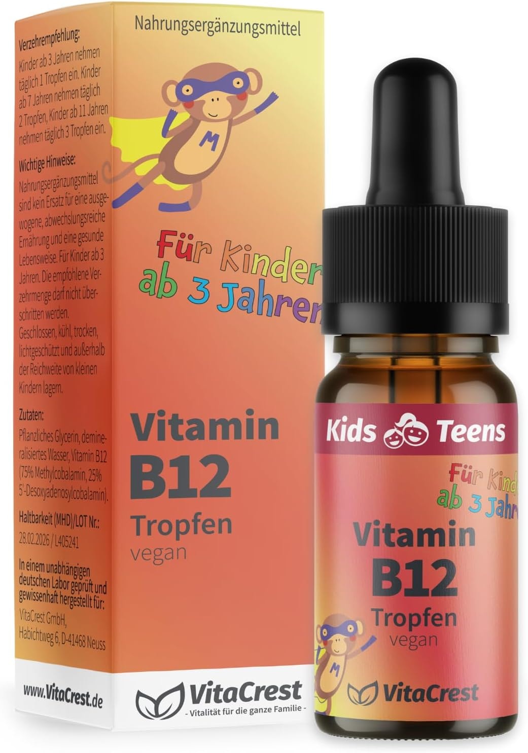 Produktbild von VitaCrest Vitamin B12 Tropfen für Kinder ab 3 Jahren - ohne Alkohol & 100% vegan - aktive Formen Methylcobalamin & Adenosylcobalamin - in Deutschland hergestellt und laborgeprüft | Vitamin B Kinder Vitamine