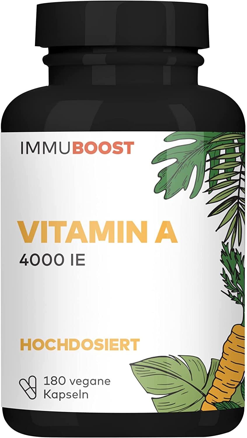 Produktbild von ImmuBoost Vitamin A Kapseln laborgeprüft & ohne starke Überdosierung 1 Tag 1 Kapsel mit 125% Tagesbedarf 180 Kapseln à 1.200 μg für 6 Monate | Vegan, ohne künstliche Zusätze & aus DE