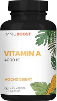 Produktbild von ImmuBoost Vitamin A Kapseln laborgeprüft & ohne starke Überdosierung 1 Tag 1 Kapsel mit 125% Tagesbedarf 180 Kapseln à 1.200 μg für 6 Monate | Vegan, ohne künstliche Zusätze & aus DE