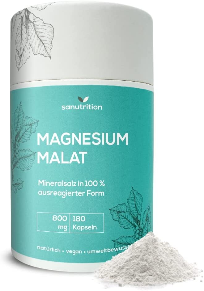 Produktbild von sanutrition Magnesiummalat 800 mg pro Kapsel 180 Kapseln Hochdosiert Fruchtsäurechelat von der Äpfelsäure Magnesium in besonders guter Bioverfügbarkeit und bester Verträglichkeit | Vegan