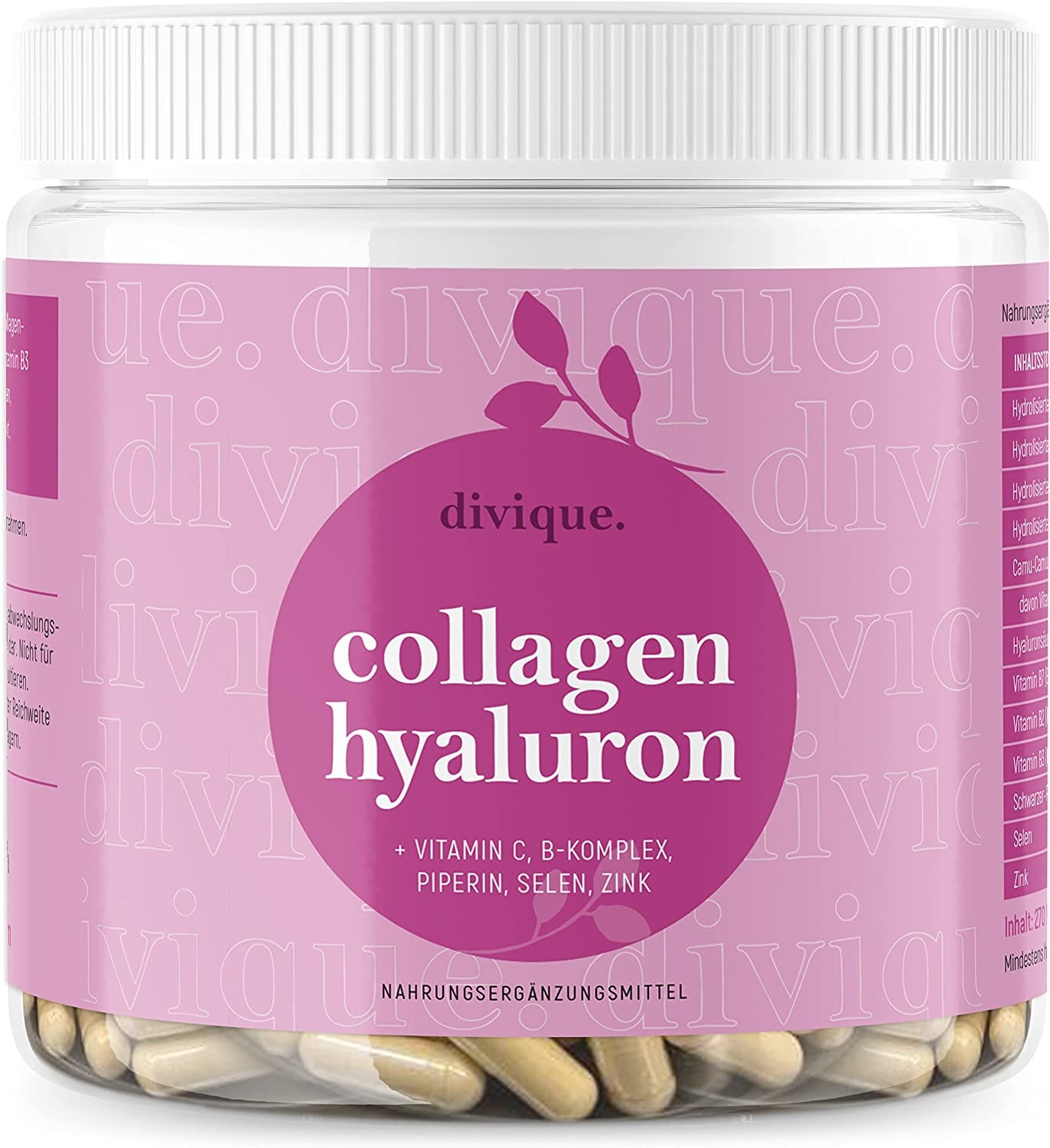 Produktbild von divique Collagen Kapseln hochdosiert 270 Stk. - Kollagen Complex Typ 1, 2, 3, 5, 10 - Hyaluronsäure Kollagen Kapseln mit Hyaluron, Vitamin C, Biotin, Selen, Zink - 1500mg Kollagen Hydrolysat