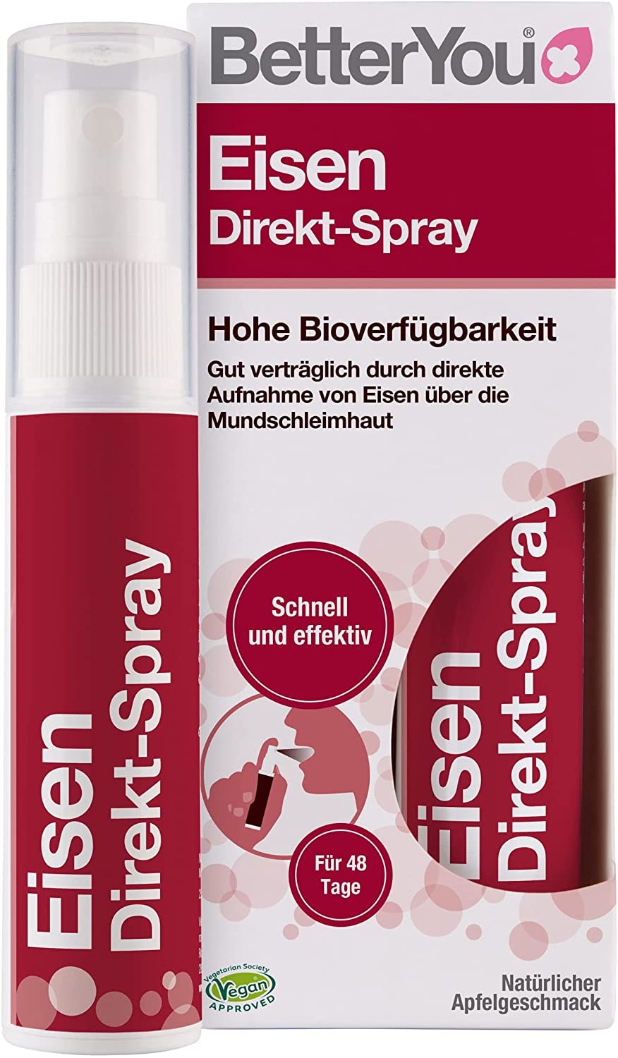 Produktbild von BetterYou Eisen Direkt Spray - gut verträglich durch Aufnahme über die Mundschleimhaut - hohe Bioverfügbarkeit - leckerer Apfelgeschmack - die praktische Alternative zu Tabletten - vegan, 25ml