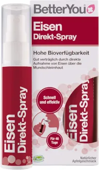 Produktbild von BetterYou Eisen Direkt Spray - gut verträglich durch Aufnahme über die Mundschleimhaut - hohe Bioverfügbarkeit - leckerer Apfelgeschmack - die praktische Alternative zu Tabletten - vegan, 25ml