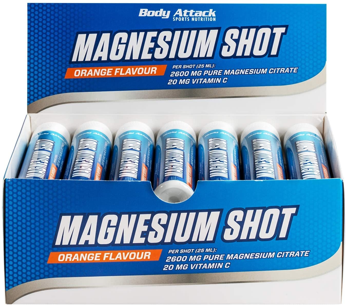 Produktbild von Body Attack Sports Nutrition Magnesium Shot hochdosiertes flüssiges Magnesium 225mg Magnesium, Extra Portion Vitamin C, 2600mg Magnesium Citrate, Veganes Pre & Postworkout, Made in Germany- 20 x 25ml (Orange)