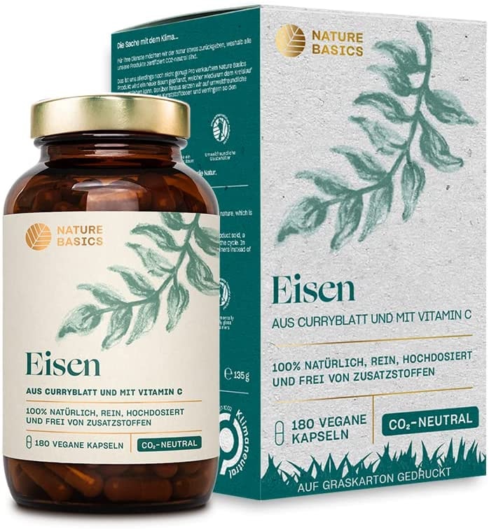 Produktbild von Nature Basics natürliches Eisen zertifiziert & nachhaltig im Glas  180 Kapseln hochdosiert 14mg Eisen & 80mg Vitamin C pro Kapsel rein aus Curryblatt & Hagebutte ohne Zusatzstoffe & aus DE