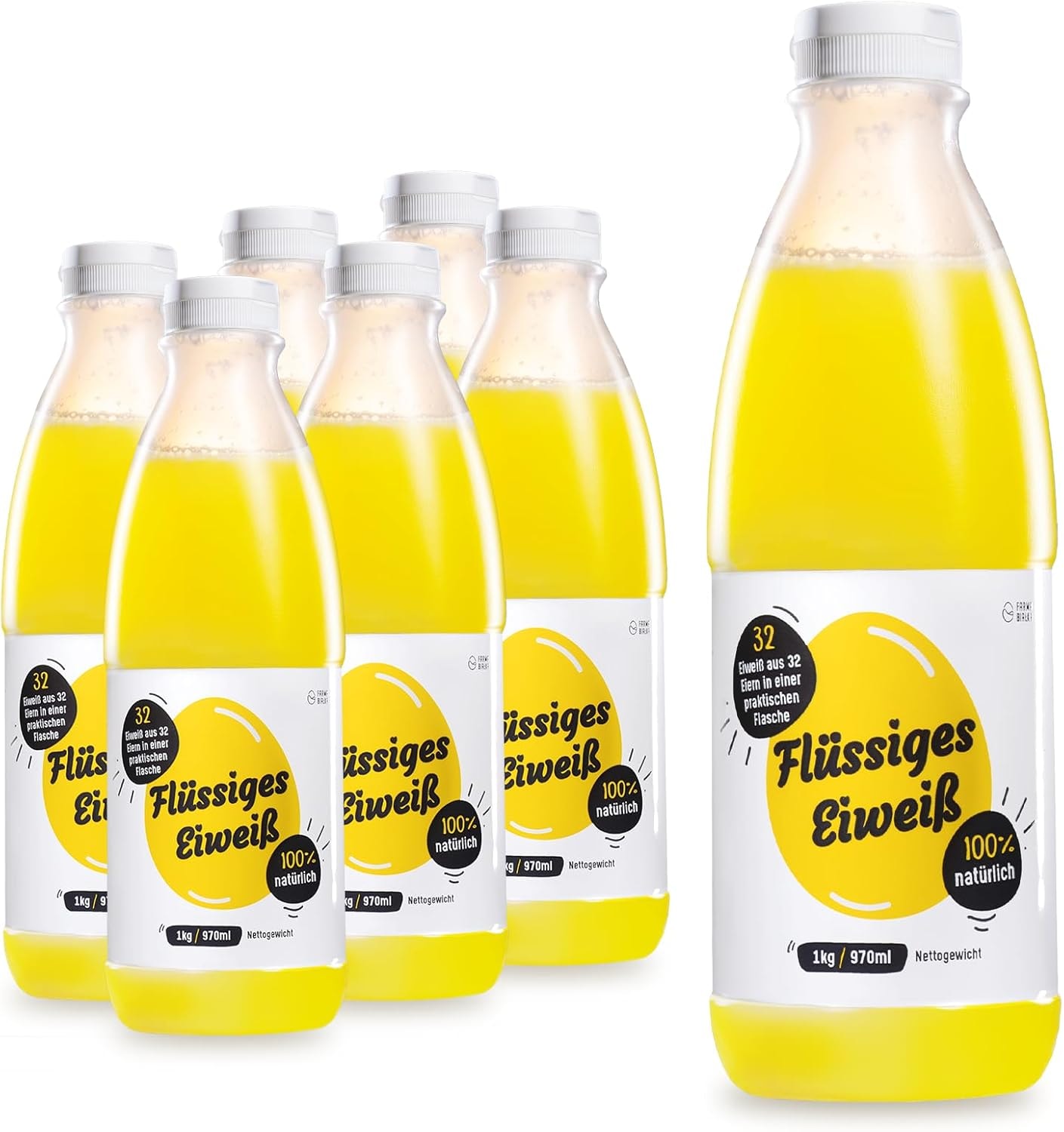 Produktbild von Farma Bialka Eiklar Muskeln flüssiges Eiweiß in Flasche 209 kJ pro 50 kcal Fett 0,5g Kohlenhydrate 1,1 g Protein 10,2 g, zum Kochen, Backen und für Eiweiß-Shakes (6 x 1kg (6kg))