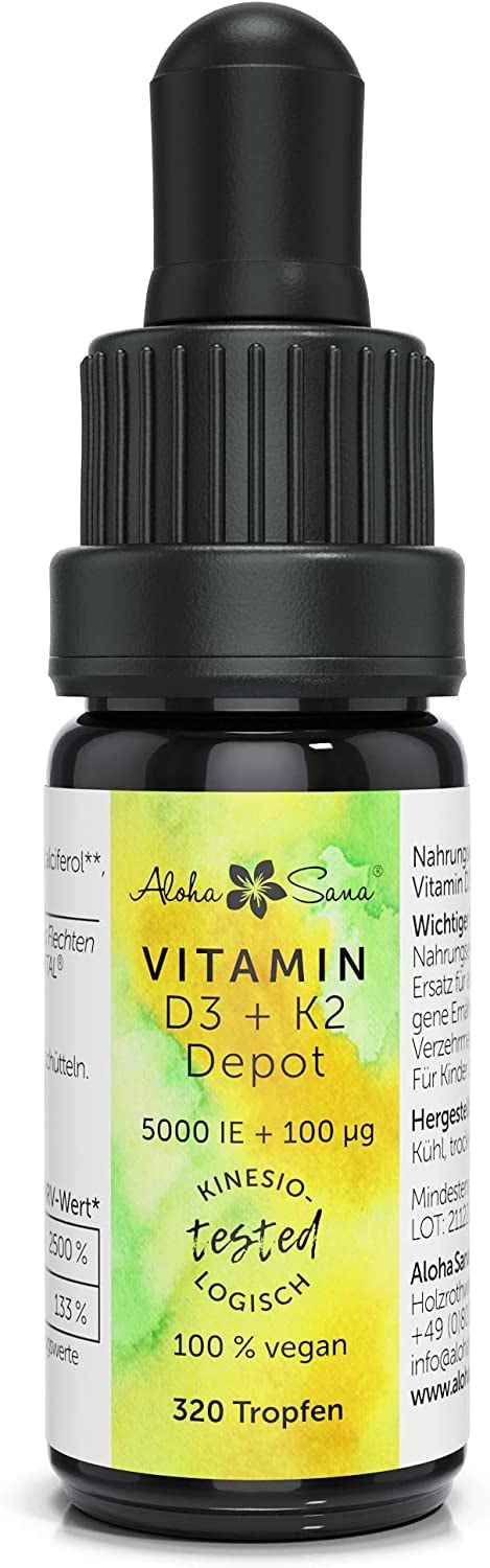 Produktbild von Aloha Sana | Vitamin D3 K2 hochdosiert in Tropfen | 5000 i.e Vitamin-D3 und 100ug K2 | Vit. D und Vitamin K2 mk7 im Ultraviolettglas | Nahrungsergänzungsmittel vegan