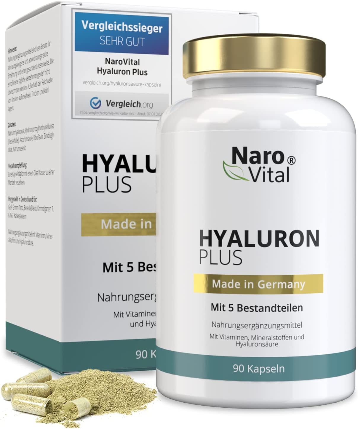 Produktbild von NaroVital - Hyaluronsäure Kapseln hochdosiert - 500 mg Hyaluron pro veganer Kapsel - 500-700 kDa - 90 Kapseln (3 Monate) - Für Anti-Aging, Haut & Gelenke