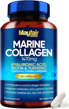Produktbild von Mayfair Nutrition 1130mg Komplex - 120 Kapseln mit Hyaluronsäure und Vitamin C & E - Premium-Ergänzung mit hydrolysiertem Kollagen Typ 1 für Frauen und Männer