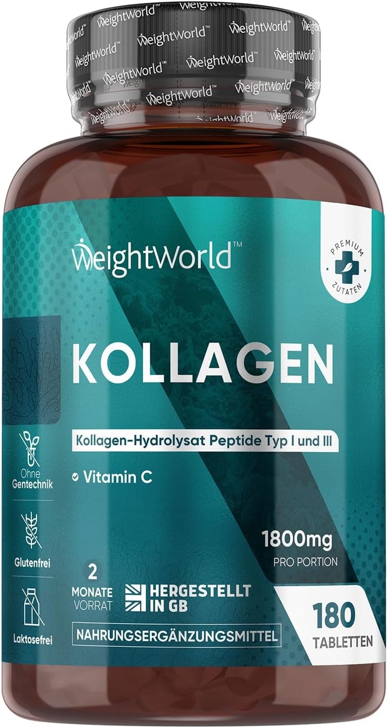 Produktbild von Bewertung WeightWorld Kollagen Tabletten mit Vitamin C und 1800mg Kollagenhydrolysat pro Portion Collagen Peptide Typ 1 & 3 - 180 Tabletten 2 Monate Vorrat WeightWorld