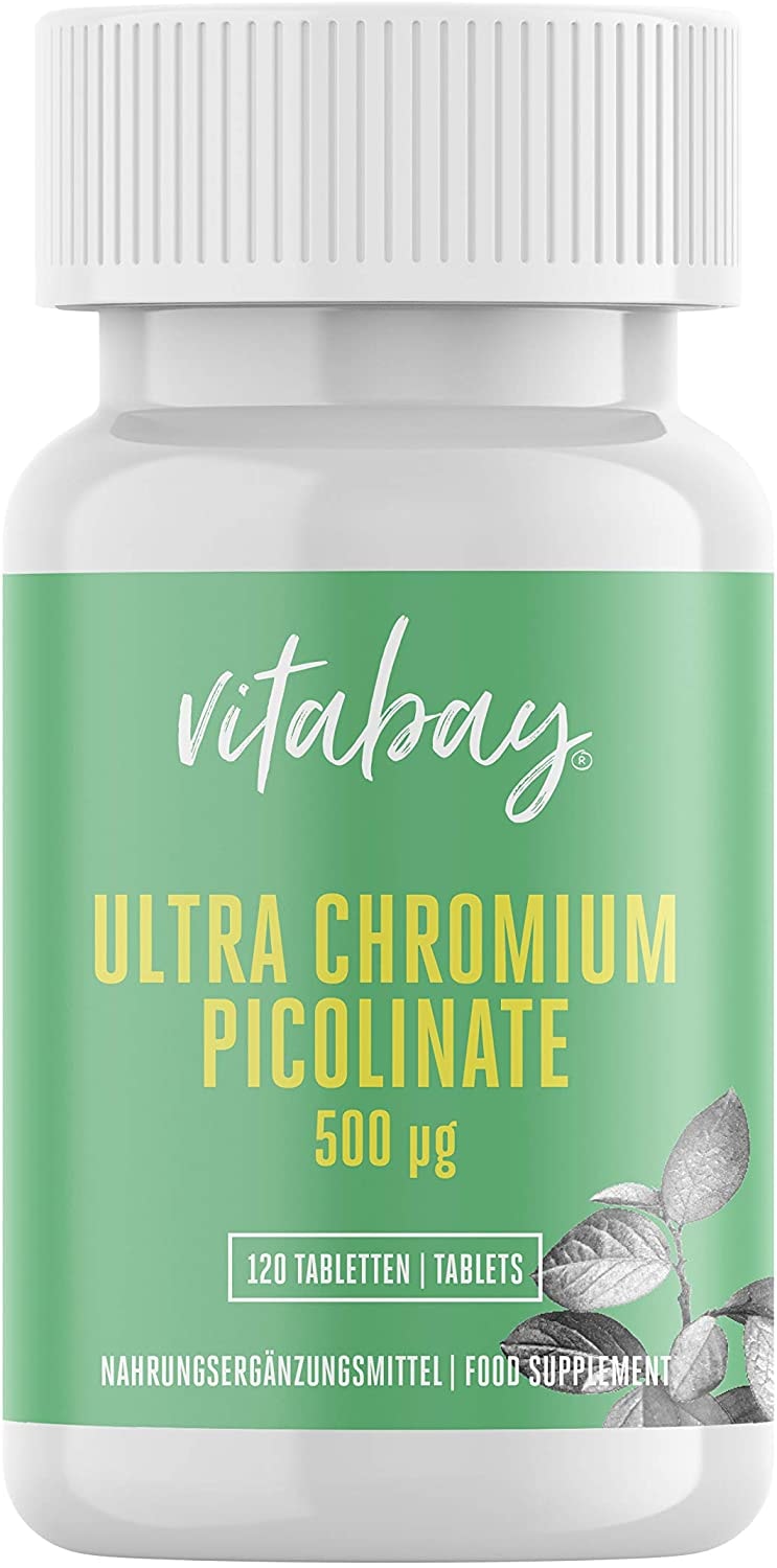 Produktbild von Vitabay Ultra Chromium Picolinate 500 mcg Chrom • 120 vegane Tabletten • Essentielles Spurenelement • Hochdosiert • Bioverfügbar • Vorteilspackung • Made in Germany