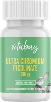 Produktbild von Vitabay Ultra Chromium Picolinate 500 mcg Chrom • 120 vegane Tabletten • Essentielles Spurenelement • Hochdosiert • Bioverfügbar • Vorteilspackung • Made in Germany
