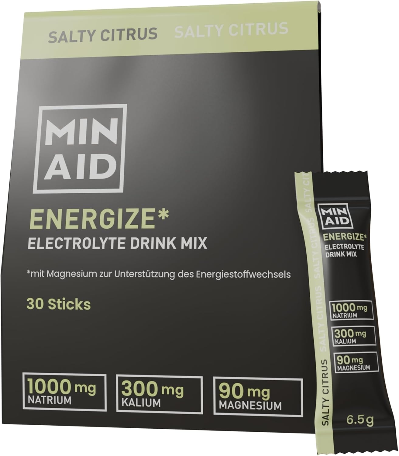 Produktbild von Bewertung MINAID Electrolyte Drink Mix Salty Citrus Elektrolytpulver mit Natrium Kalium & Magnesium Für Energie Fokus & Regeneration Ohne Zucker vegan & glutenfrei 30 Sticks