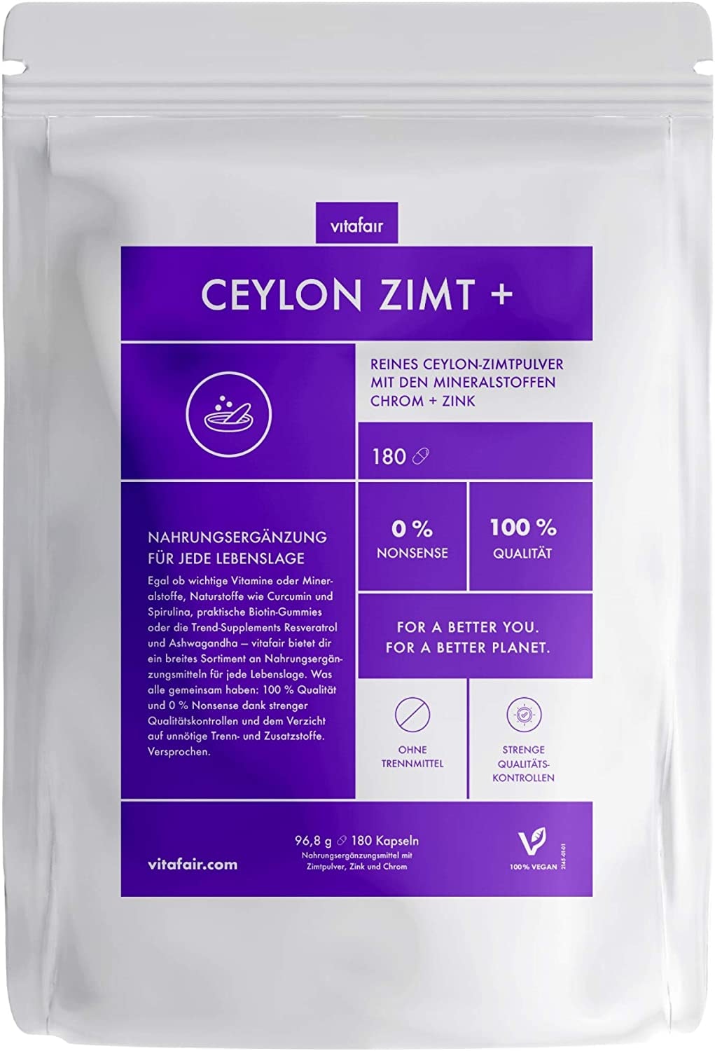 Vitafair Reines Ceylon Zimt - Chrom & Zink - 180 Kapseln - 400mg pro Tagesdosis - Für Knochen, Haare & Nägel - Vegan - Ohne Trennstoffe - Made in Germany, 96,8g