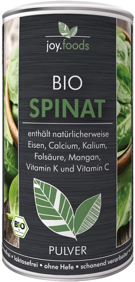 Produktbild von Bewertung joy.foods Bio Spinat Pulver mit Eisen, Calcium, Kalium, Folsäure, Mangan, Vitamin K und C, laborgeprüfte Qualität aus Deutschland, 210 g