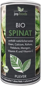 joy.foods - Bio Spinat Pulver, enthält Eisen, Calcium, Kalium, Folsäure, Mangan, Vitamin K und C, laborgeprüfte Qualität aus Deutschland, 210 g