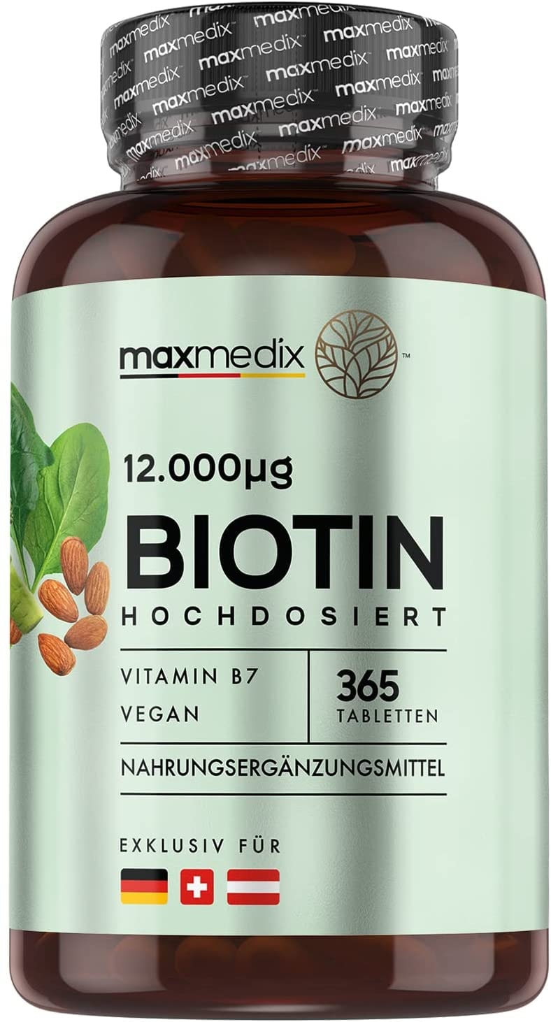 Produktbild von MaxMedix Biotin Tabletten - 12.000mcg Vitamin B7 (D-Biotin) - 365 Stk für 1 Jahr Vorrat - Vegane Haar Vitamine für Männer & Frauen - Biotin trägt zur Aufrechterhaltung von normalem Haar & Haut bei - MaxMedix