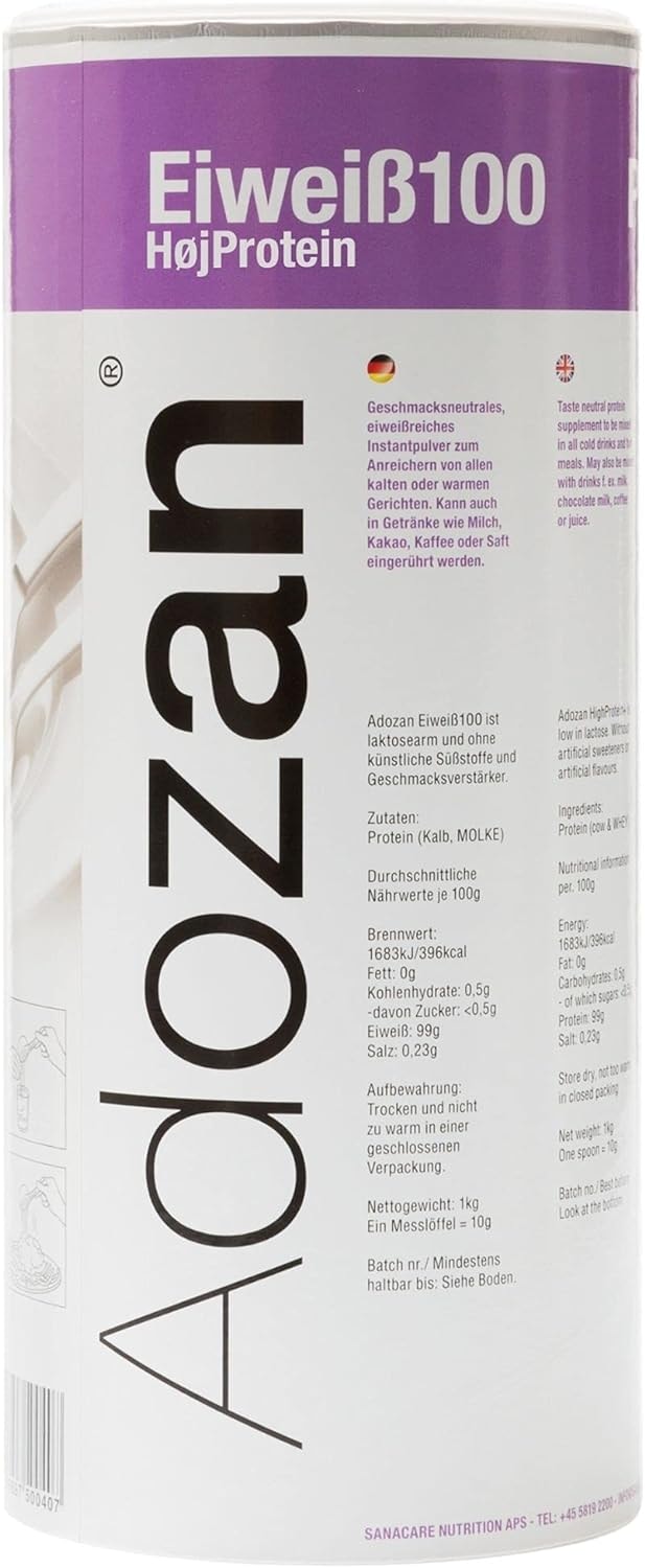 Produktbild von Bewertung Adozan Eiweiß100 Protein Pulver aus Rind Kalb Molke geschmacksneutral 99% Protein Eiweißpulver für alle Speisen und Getränke Ideal zum BACKEN und für Proteinshakes Premium Qualität aus Dänemark