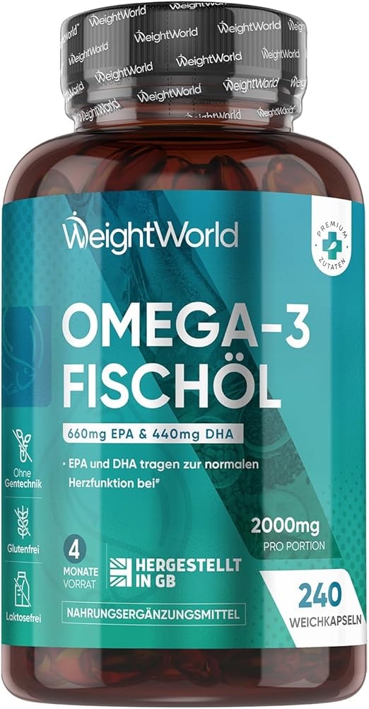 Produktbild von Bewertung Omega 3 Weichkapseln 2000mg Fischöl mit 1100mg Omega-3 660mg EPA & 440mg DHA pro Portion 240 Softgels EPA & DHA tragen zur normalen Herzfunktion bei (EFSA) fish oil